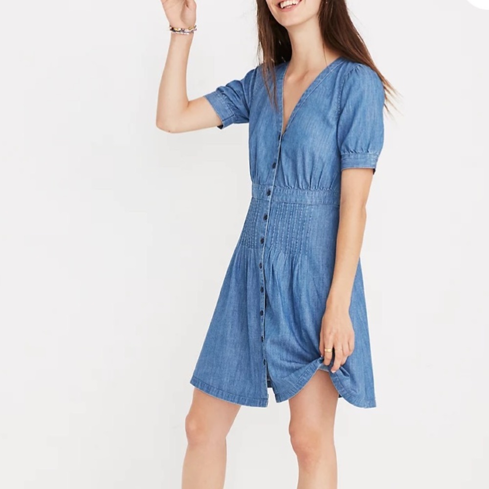 Madewell Daylily Denim Short Sleeve Blue Chambray Dress Button Front Size 8